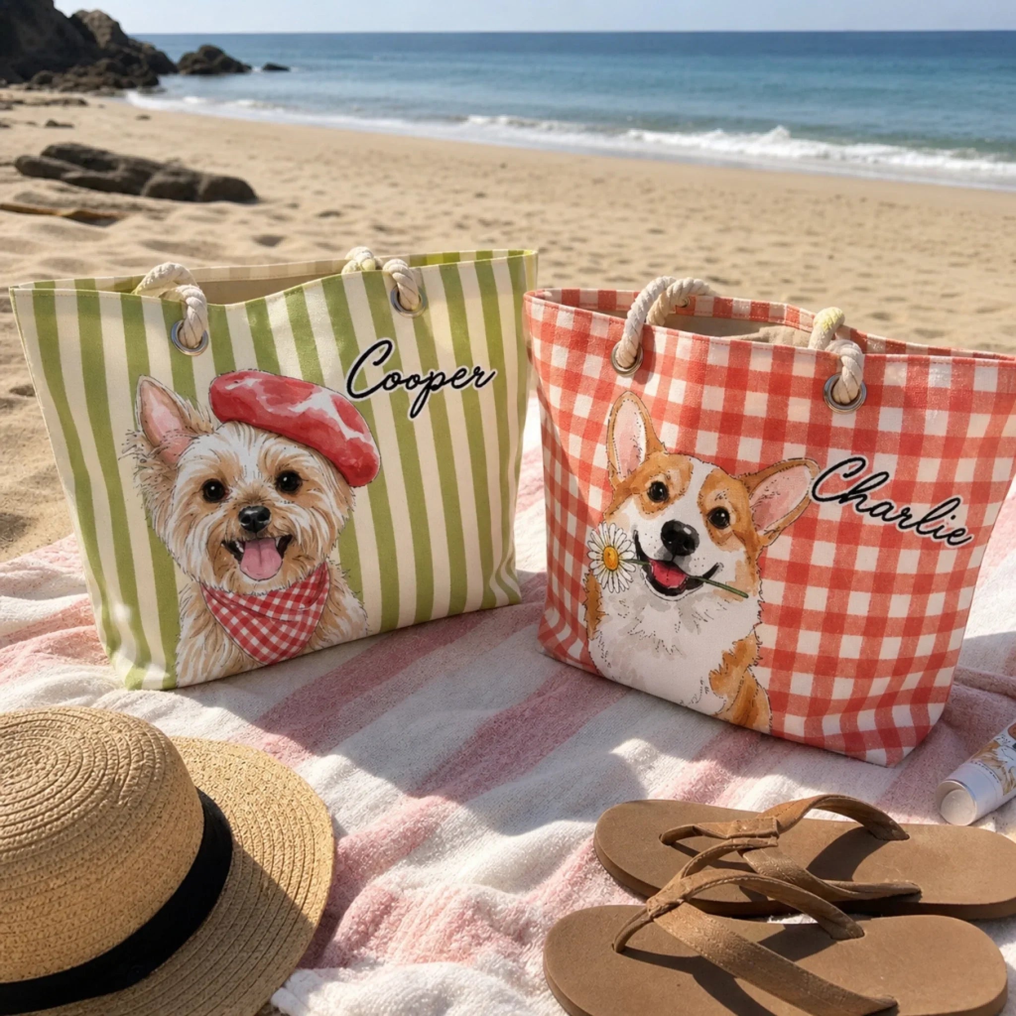 Custom Summer Beach Bag - Personalized Birthday Gifts For Dog Cat Lovers, Dog Dad And Mom, Cat Owners - Sunny Paws Happy Days
