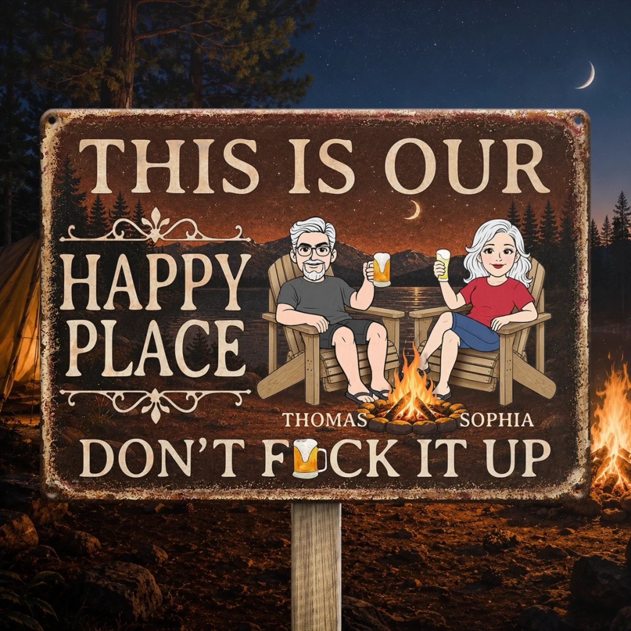 Custom Home Decor Metal Sign - Personalized Summer Vacation And Travel Gifts For Husband And Wife, Him And Her - Campfire, Drinks And My Person