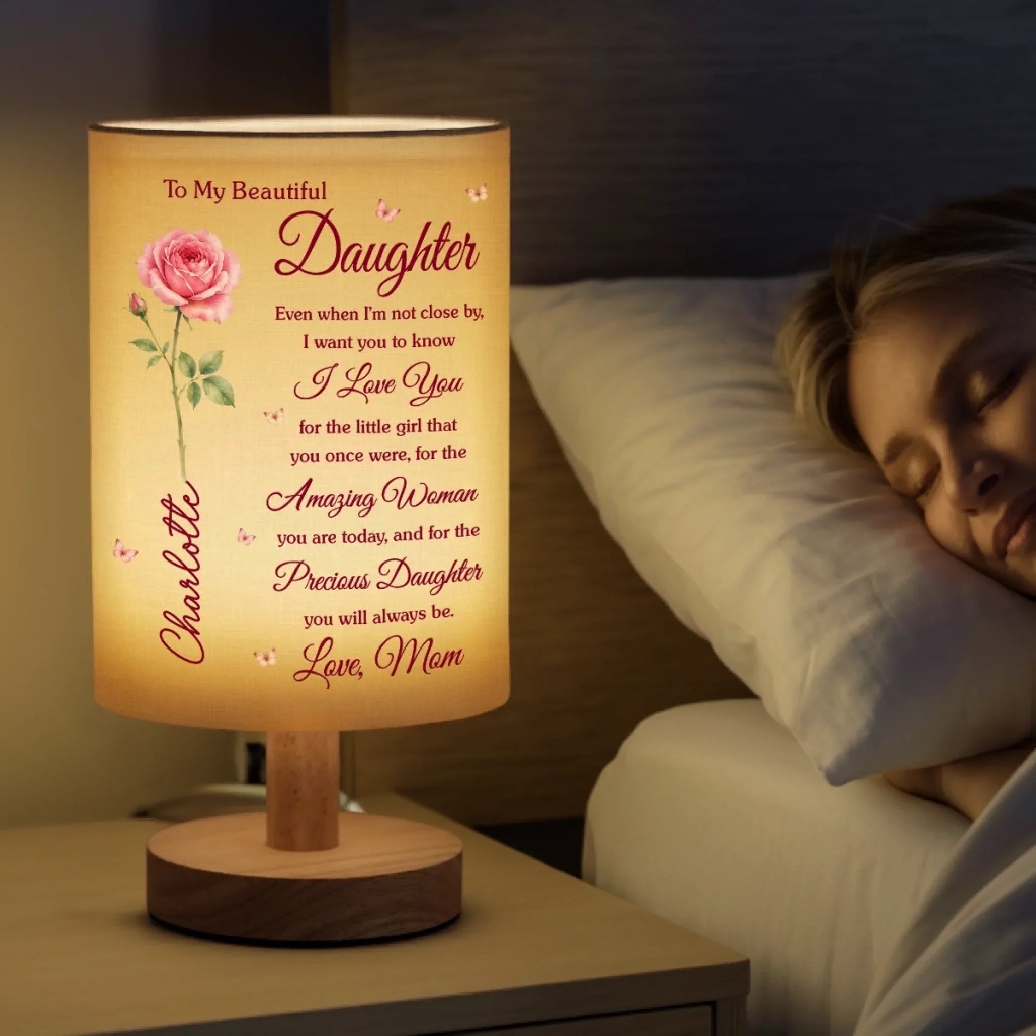 Custom Linen Bedside Table Lamp - Personalized Birthday Gifts For Daughter - Always Close To Your Heart