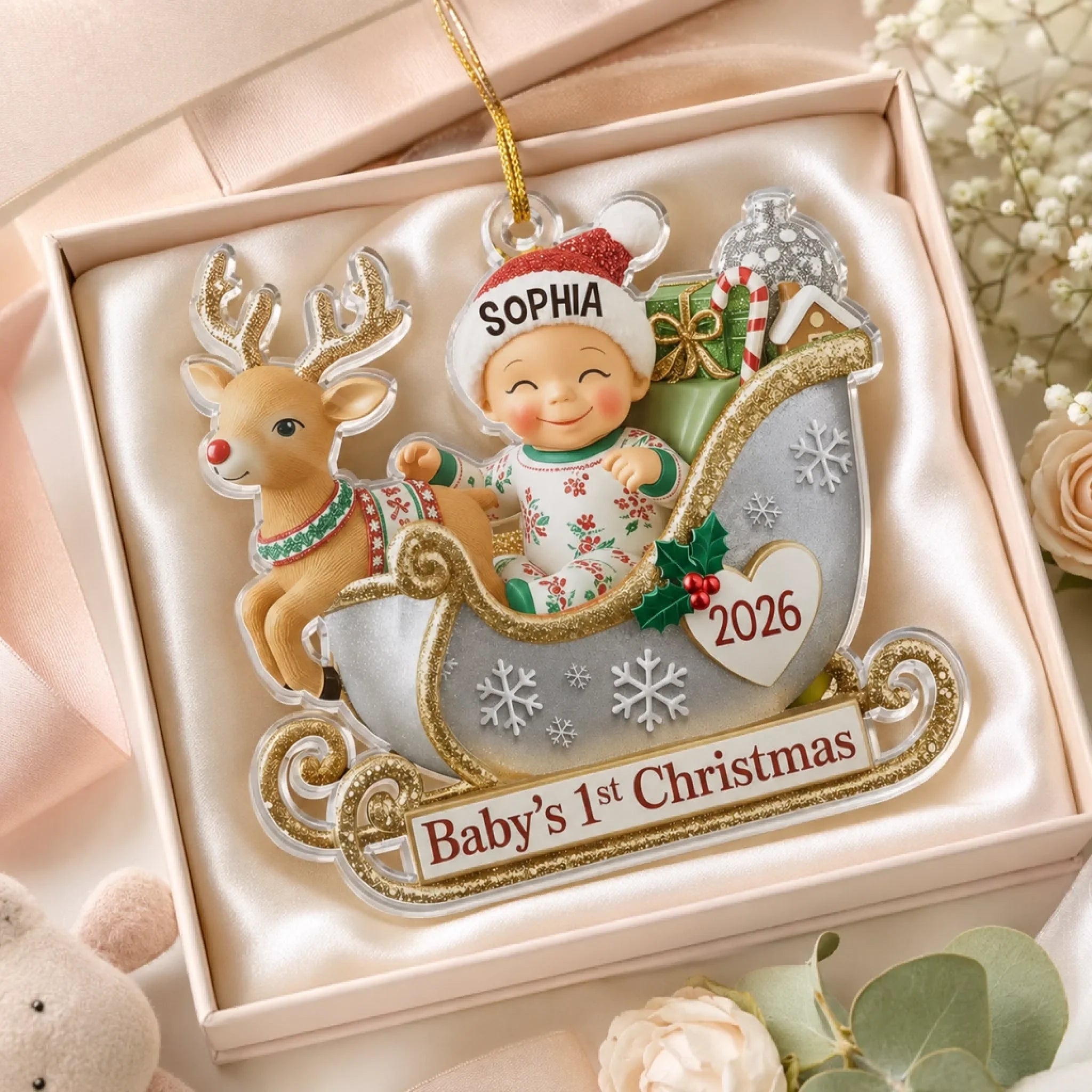 Custom Acrylic Ornament - Personalized Christmas Baby Shower, Gender Reveal Gifts For New Moms, New Dads, New Parents - Tiny Feet Big Christmas Joy