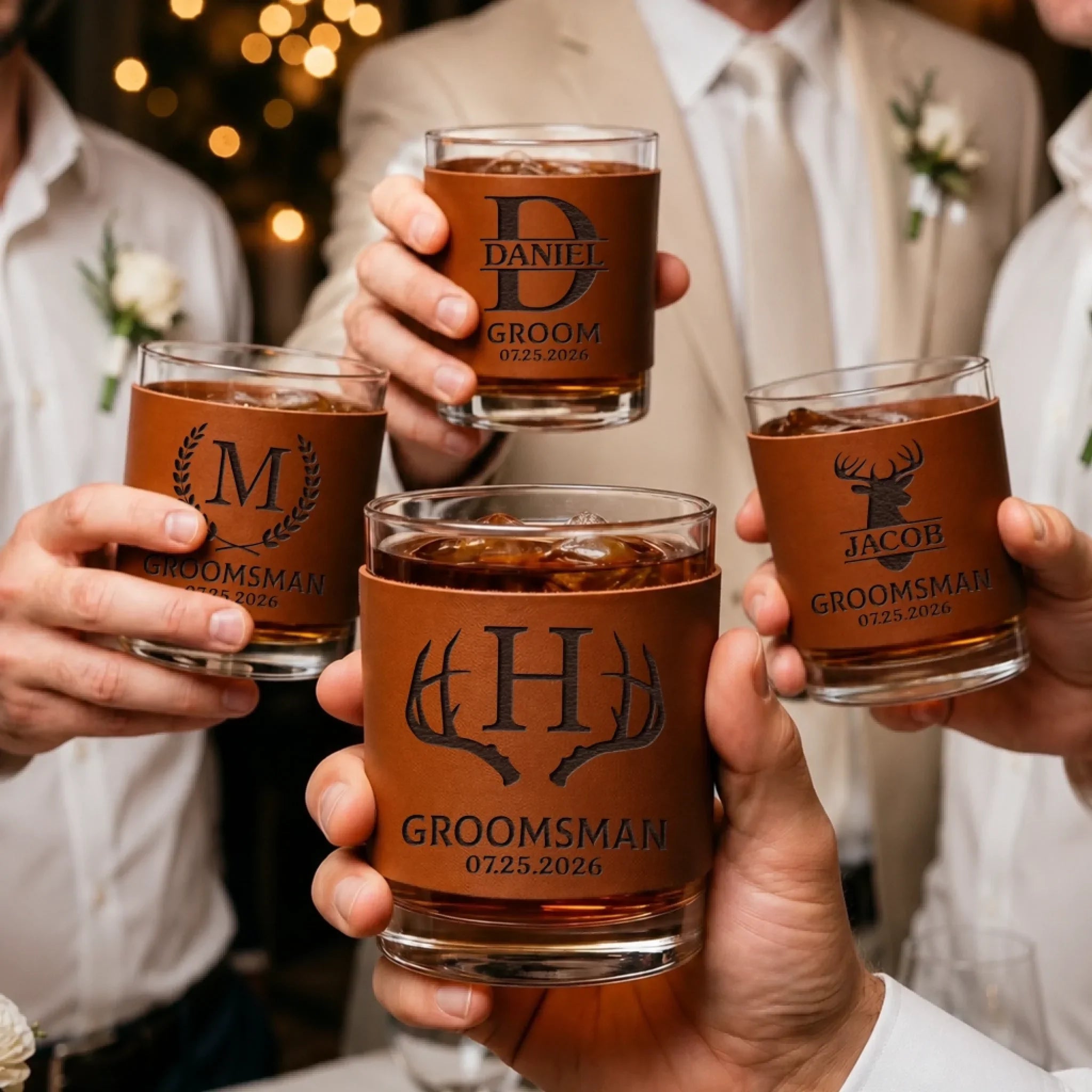 Custom Leather Whiskey Glass - Personalized Groomsmen Proposal Wedding Gifts For Groomsmen - Cheers To The Crew