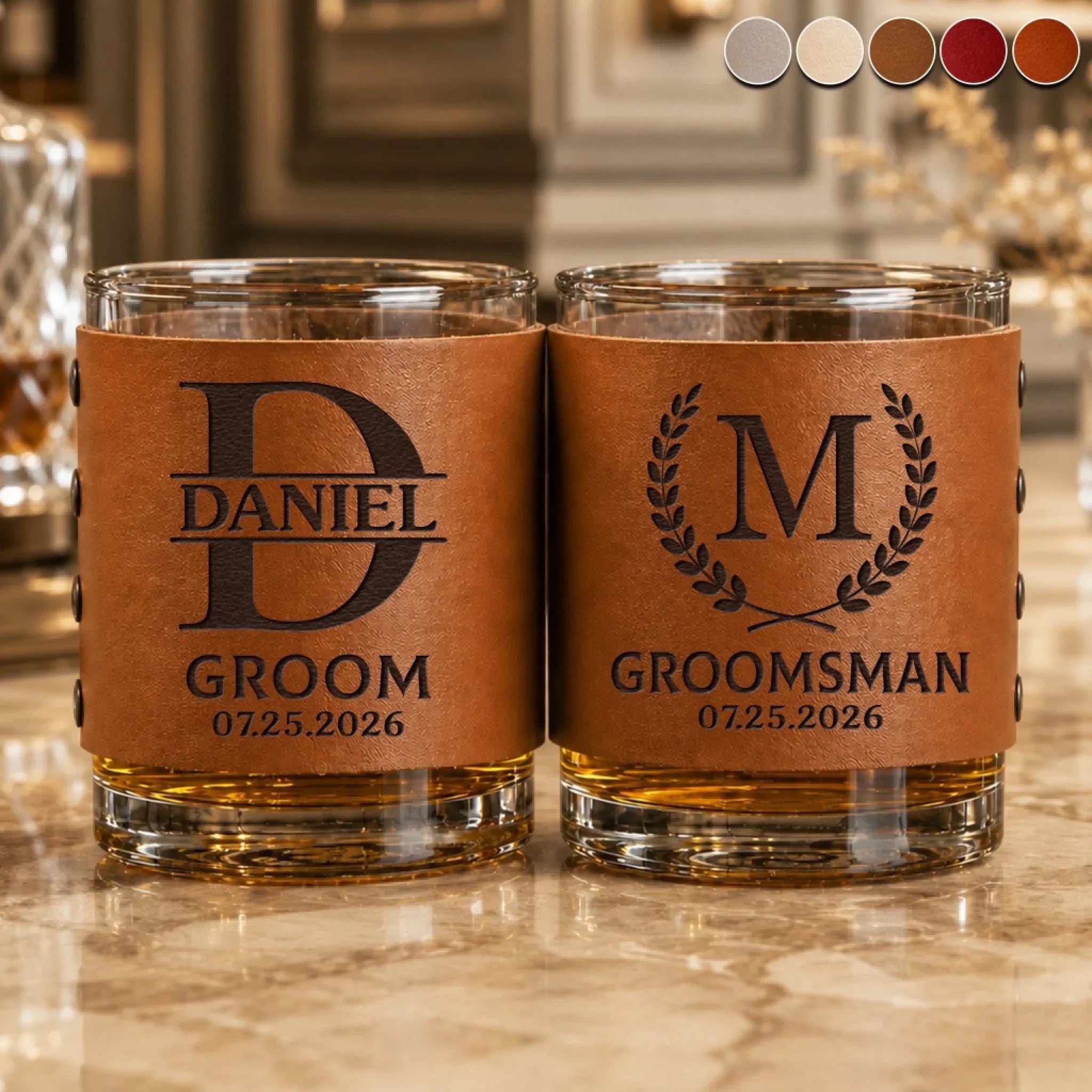 Custom Leather Whiskey Glass - Personalized Groomsmen Proposal Wedding Gifts For Groomsmen - Cheers To The Crew