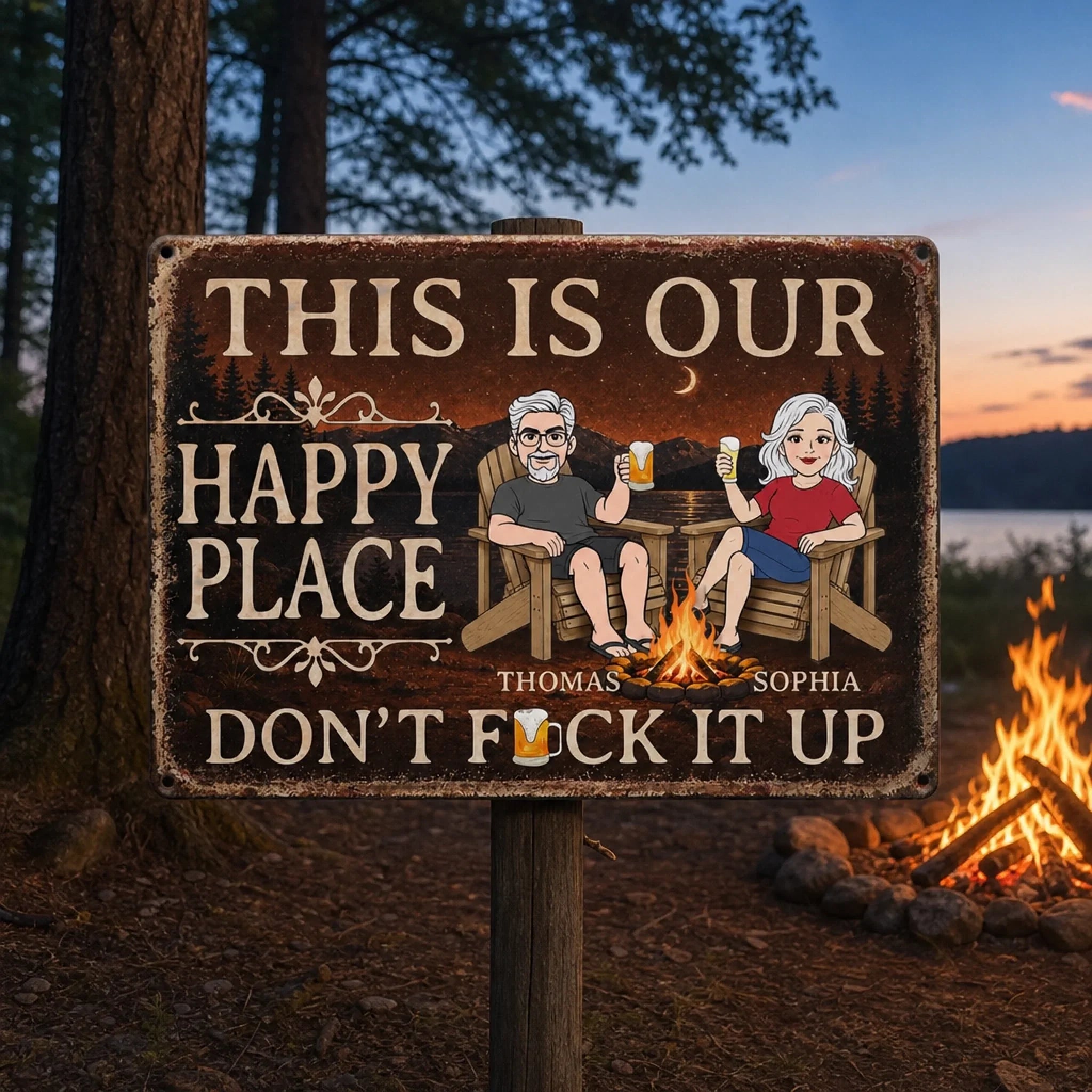 Custom Home Decor Metal Sign - Personalized Summer Vacation And Travel Gifts For Husband And Wife, Him And Her - Campfire, Drinks And My Person