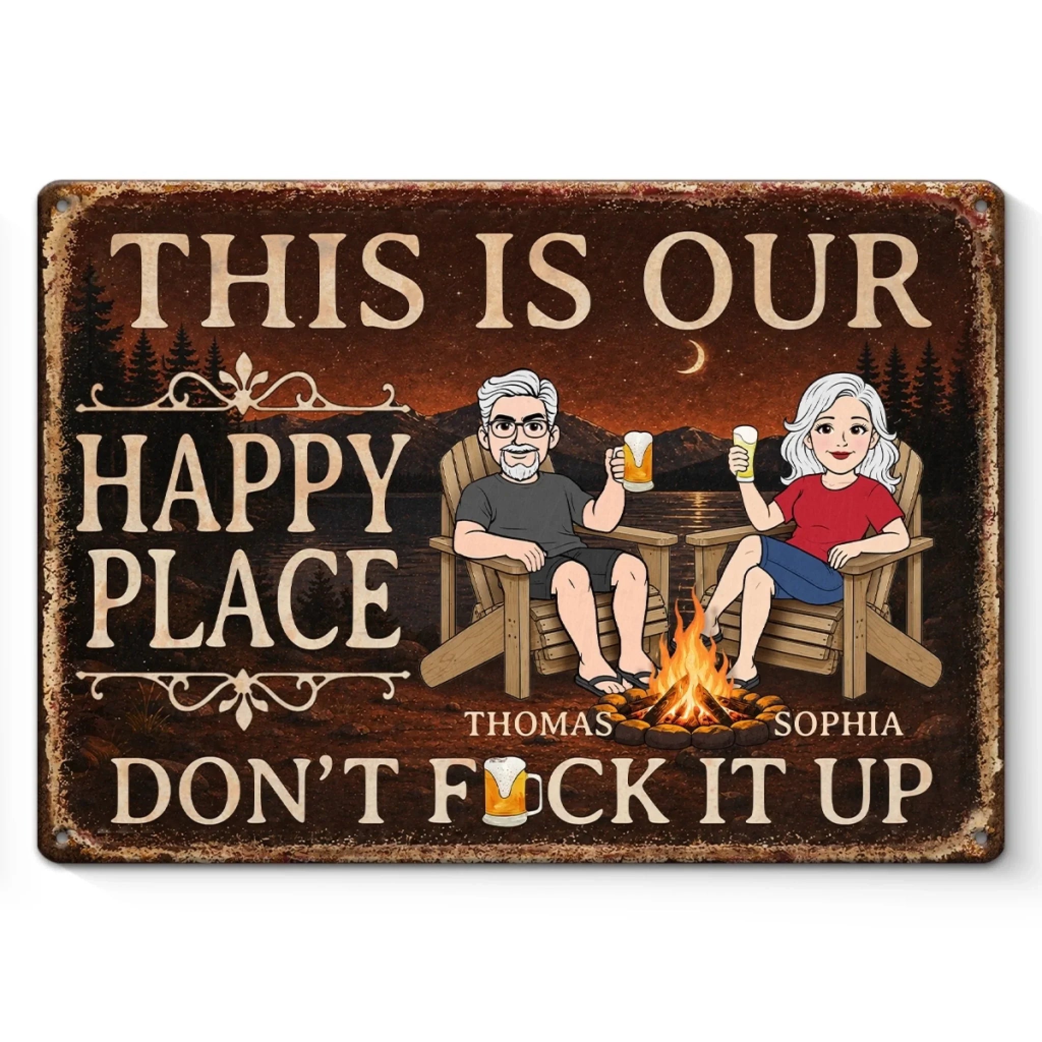 Custom Home Decor Metal Sign - Personalized Summer Vacation And Travel Gifts For Husband And Wife, Him And Her - Campfire, Drinks And My Person