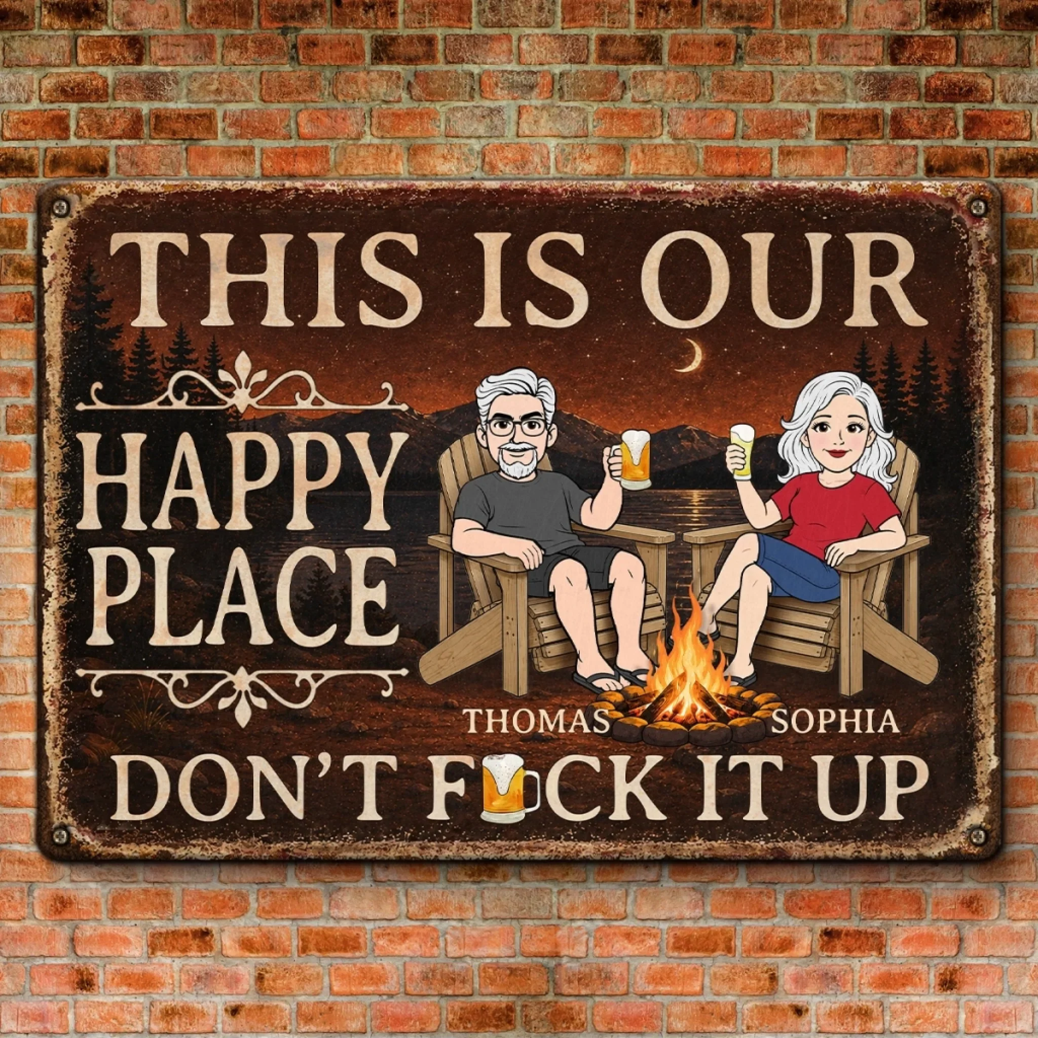 Custom Home Decor Metal Sign - Personalized Summer Vacation And Travel Gifts For Husband And Wife, Him And Her - Campfire, Drinks And My Person