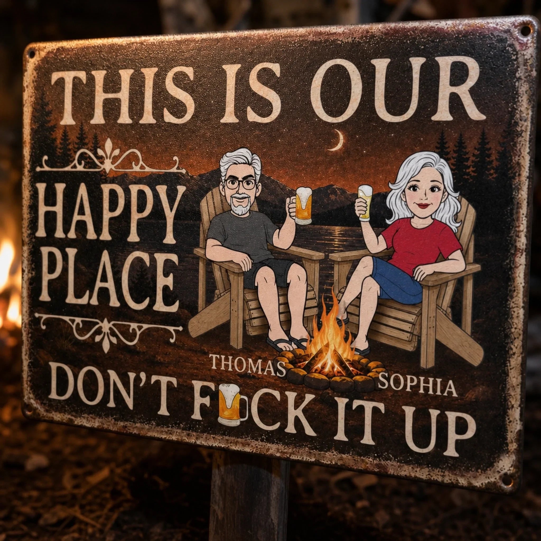 Custom Home Decor Metal Sign - Personalized Summer Vacation And Travel Gifts For Husband And Wife, Him And Her - Campfire, Drinks And My Person
