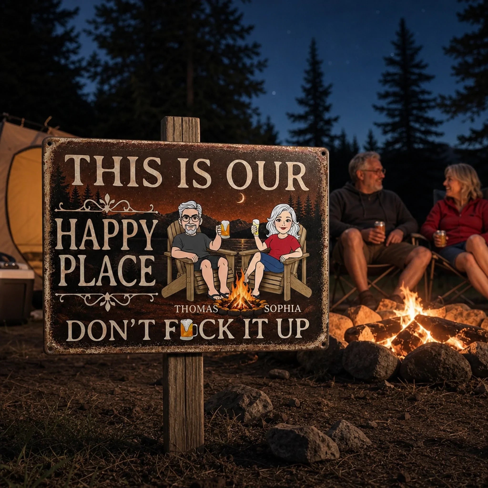 Custom Home Decor Metal Sign - Personalized Summer Vacation And Travel Gifts For Husband And Wife, Him And Her - Campfire, Drinks And My Person
