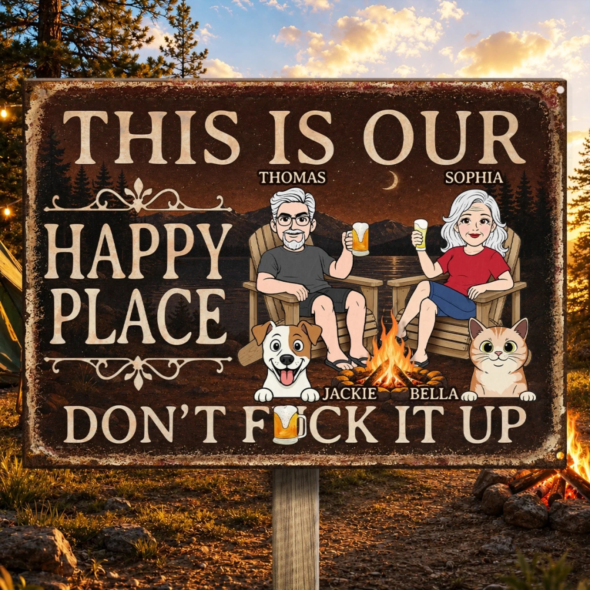 Custom Home Decor Metal Sign - Personalized Anniversary Wedding Camping Gifts For Campers, Husband And Wife, Dog Cat Lovers - Campfires, Drinks And Furry Chaos
