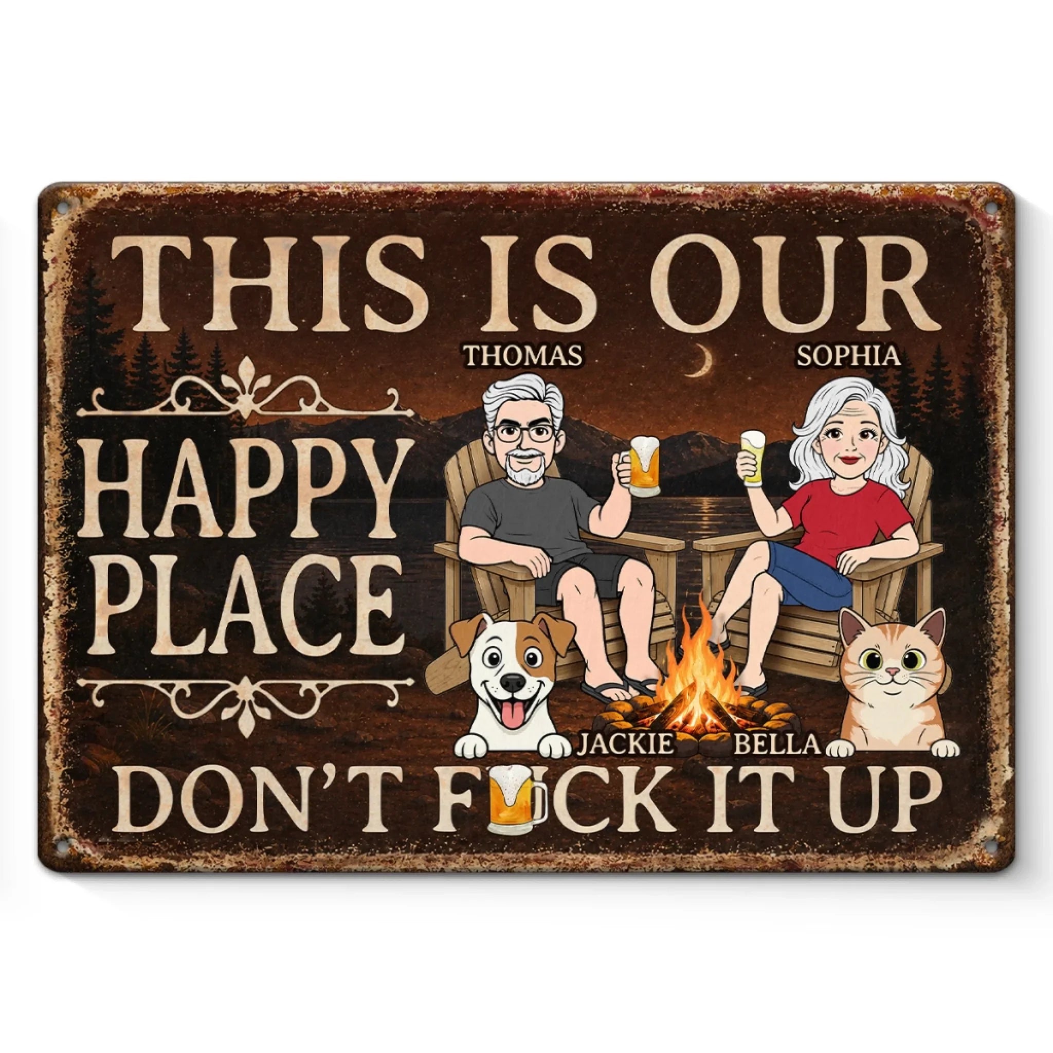 Custom Home Decor Metal Sign - Personalized Anniversary Wedding Camping Gifts For Campers, Husband And Wife, Dog Cat Lovers - Campfires, Drinks And Furry Chaos