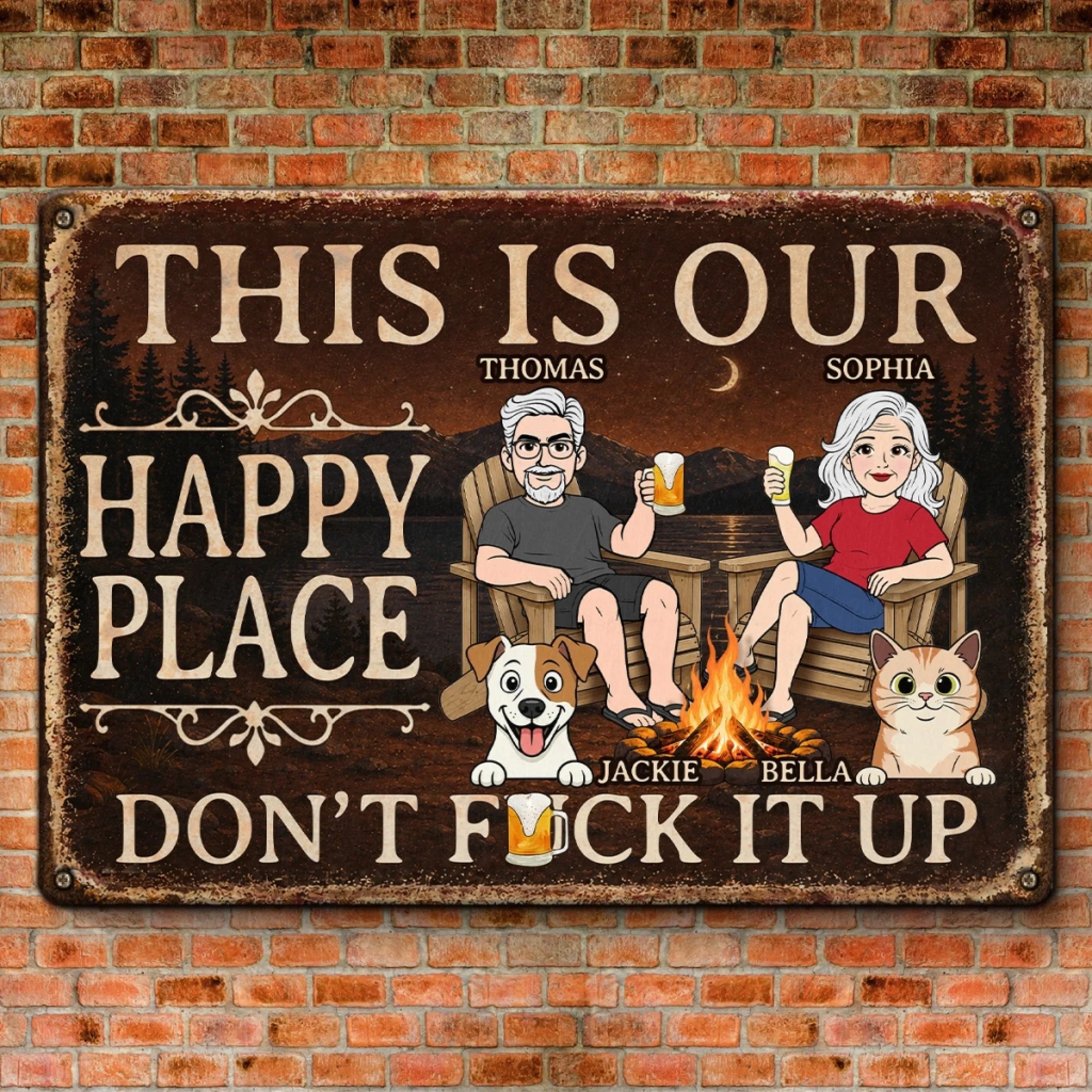 Custom Home Decor Metal Sign - Personalized Anniversary Wedding Camping Gifts For Campers, Husband And Wife, Dog Cat Lovers - Campfires, Drinks And Furry Chaos