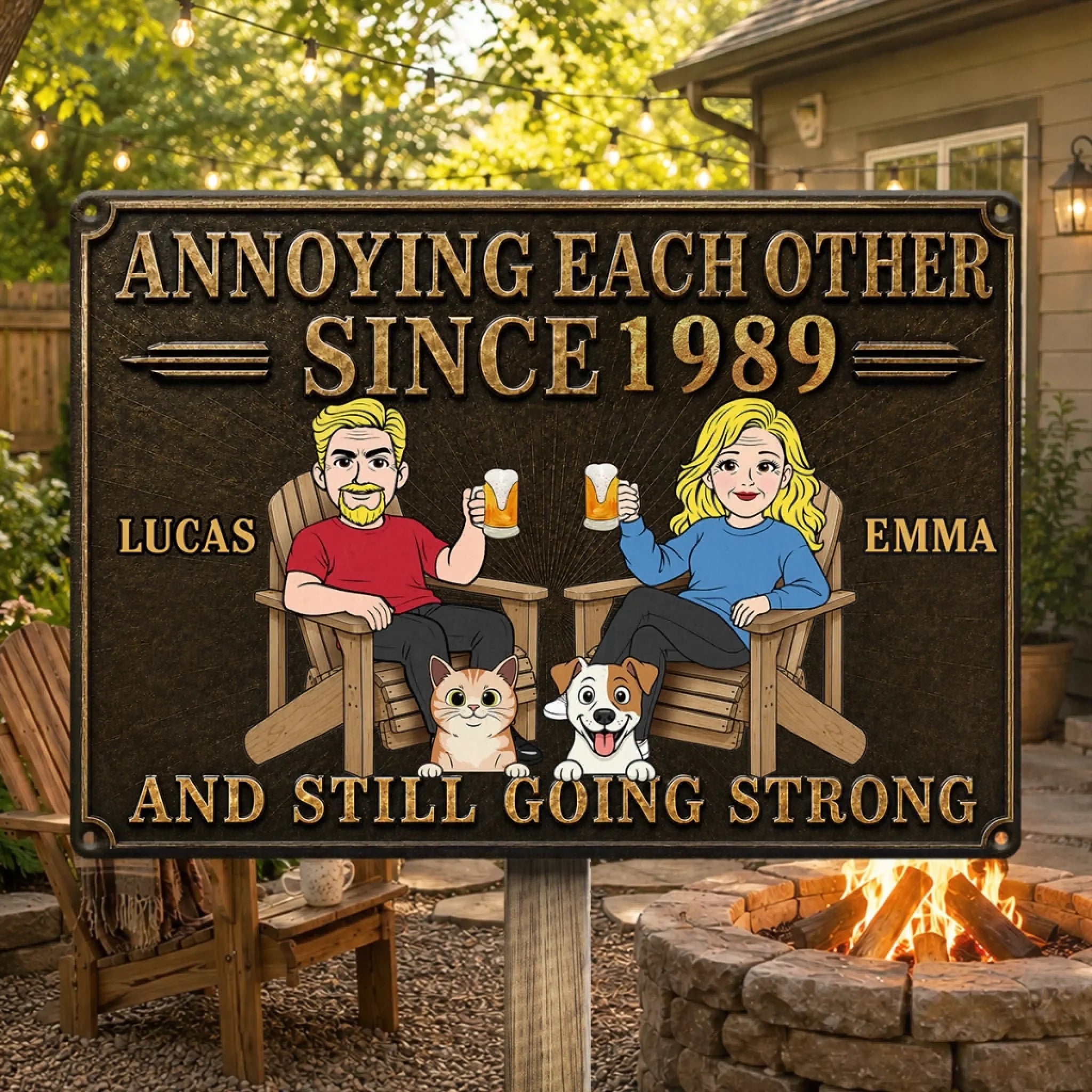 Custom Home Decor Metal Sign - Personalized Anniversary Wedding Camping Gifts For Campers, Husband And Wife, Dog Cat Lovers - Cheers To Annoying You Forever