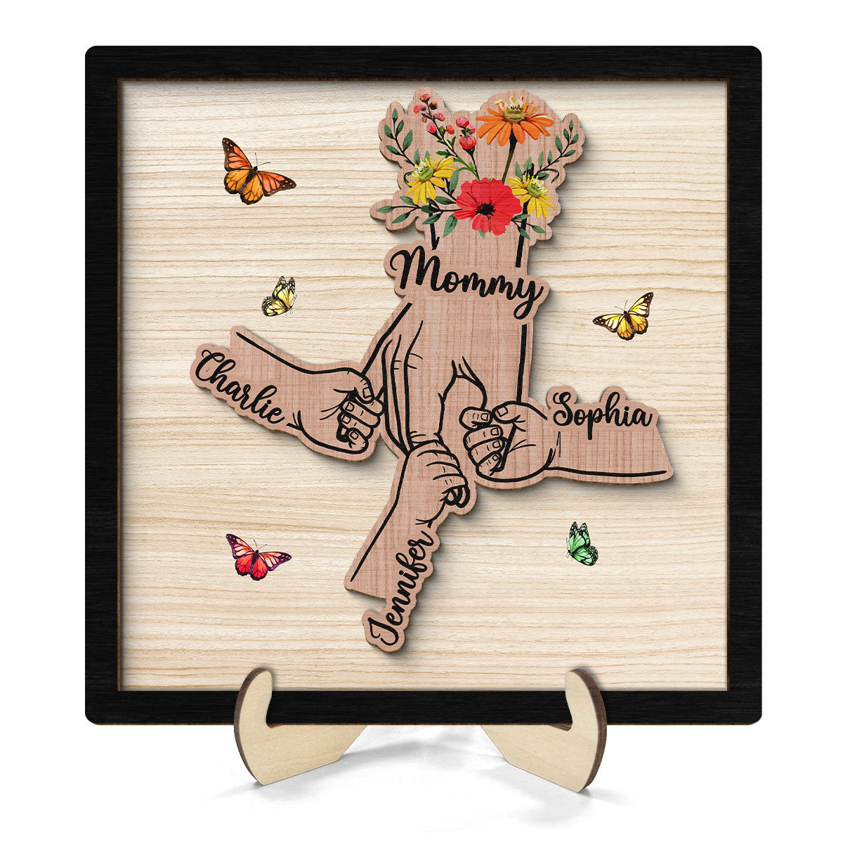 Grandma Mom Kids Hands Flowers Personalized 2-layer Wooden Plaque