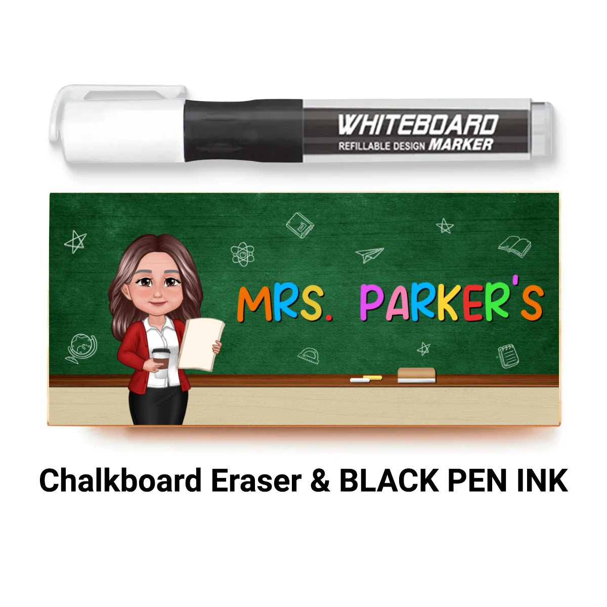 Doll Teacher Green Board Personalized Chalkboard/Whiteboard Eraser with Marker, Teacher Appreciation Gift, Back To School Gift