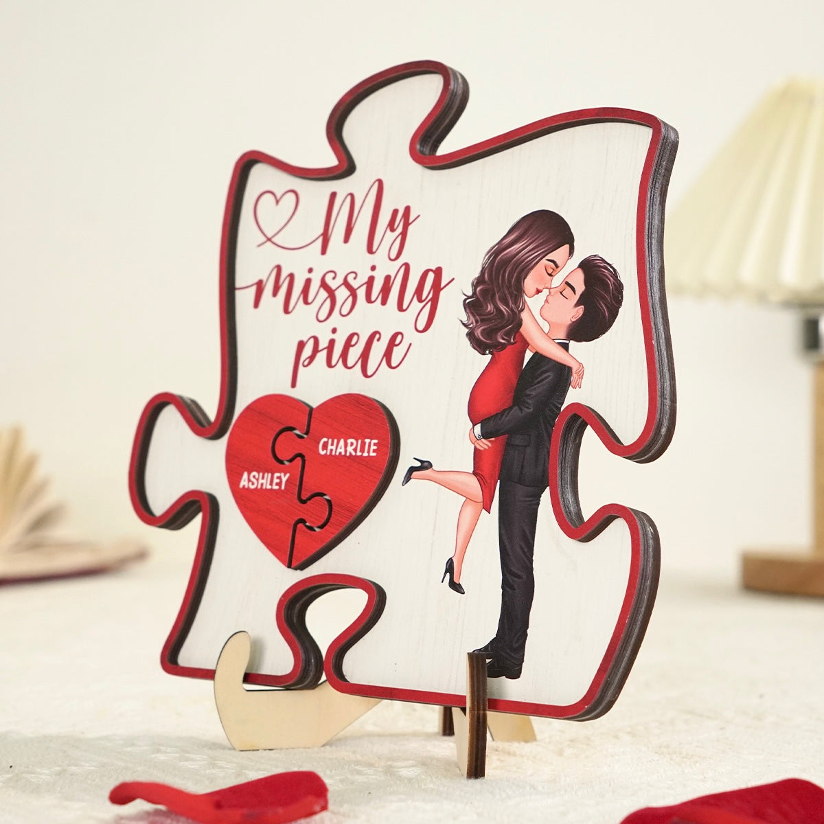 My Missing Piece Couple Hugging Kissing Red Puzzle Shaped Personalized 2-Layer Wooden Plaque, Anniversary Gift, Gift