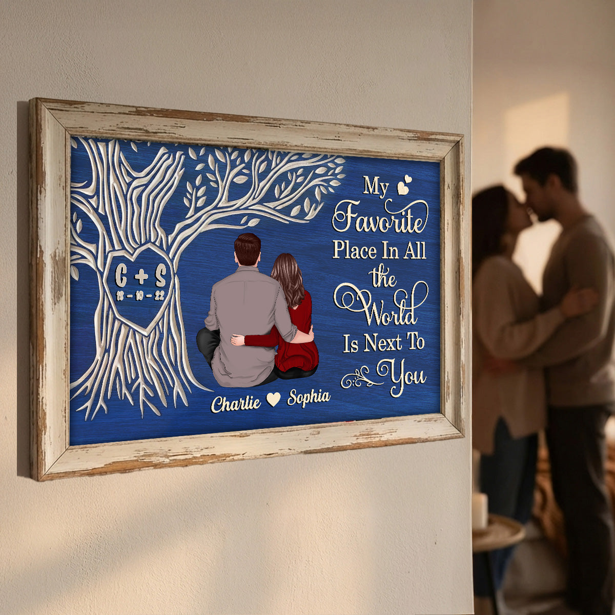 Favorite Place Next To You Couple Sitting Under Heart Carved Tree - Personalized Poster - Anniversary Gift, Valentine's Gift For Him, For Her