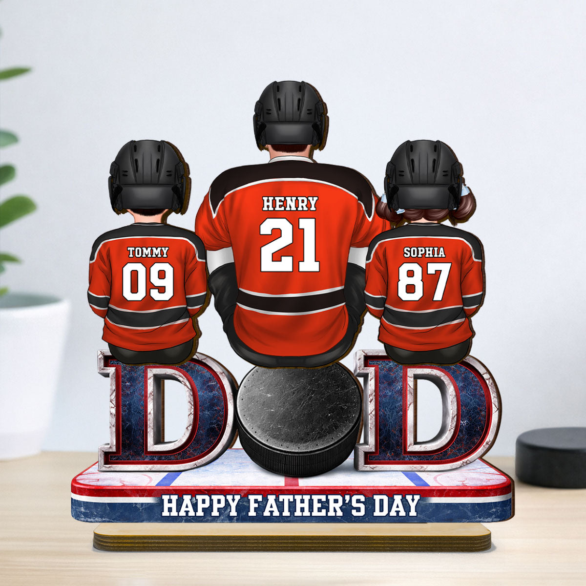 Hockey Dad And Kids Sitting Together - Personalized 2-Layered Wooden Plaque - Gift, Gift For Hockey Dad, Gift For Husband