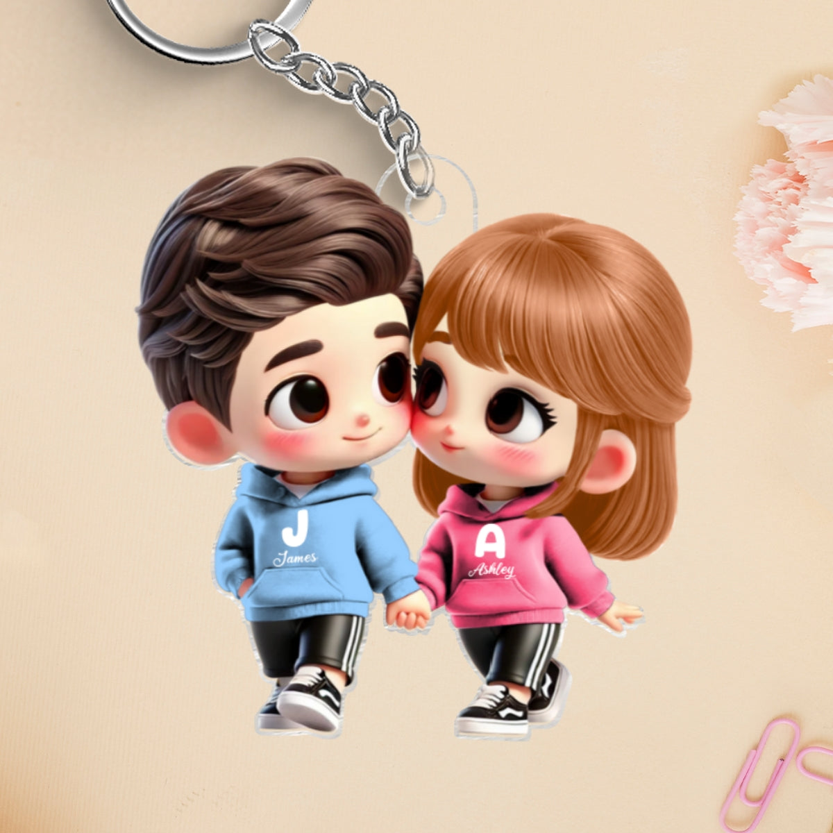 3D Effect Cute Cartoon Couple Holding Hands Personalized Acrylic Keychain, Anniversary & Gift for him, Gift for her