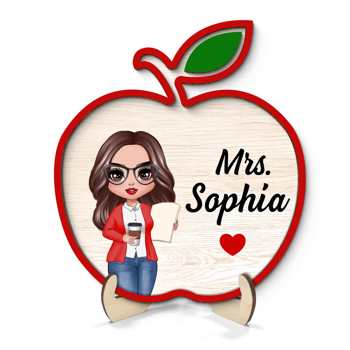 Doll Teacher Apple Shaped Personalized 2-Layer Wooden Plaque, Back To School Gift For Teacher, Office Decor