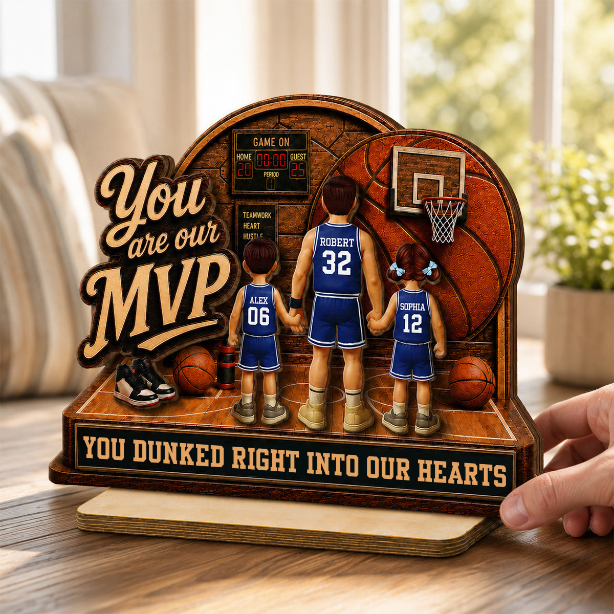 You Are Our MVP Standing Basketball Man & Kids 2D Flat - Personalized 2-Layered Wooden Plaque - Gift For Basketball Dad