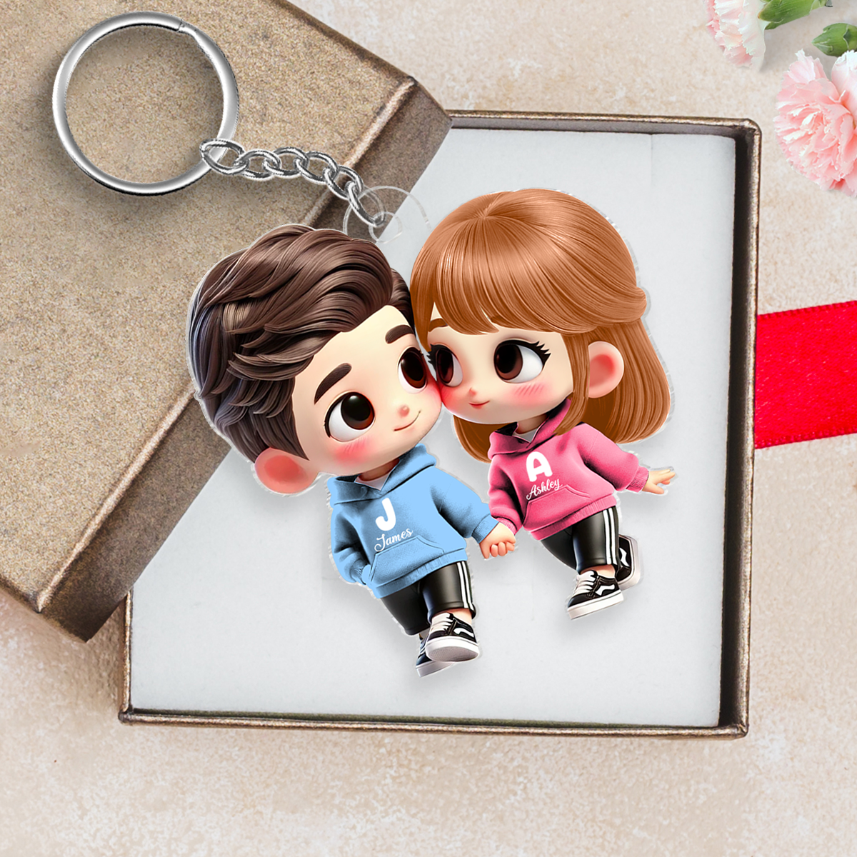 3D Effect Cute Cartoon Couple Holding Hands Personalized Acrylic Keychain, Anniversary & Gift for him, Gift for her
