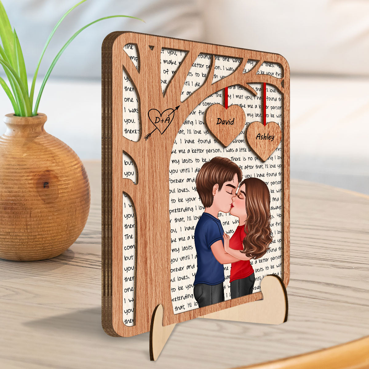 Couple Kissing Under Tree Love Gift For Him For Her Personalized 2-Layer Wooden Plaque
