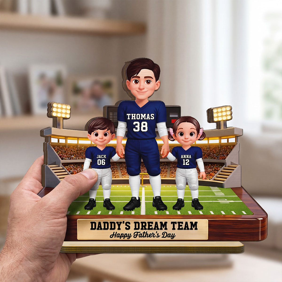 American Football Dad And Kids - Personalized 2-Layered Wooden Plaque - Gift For Dad