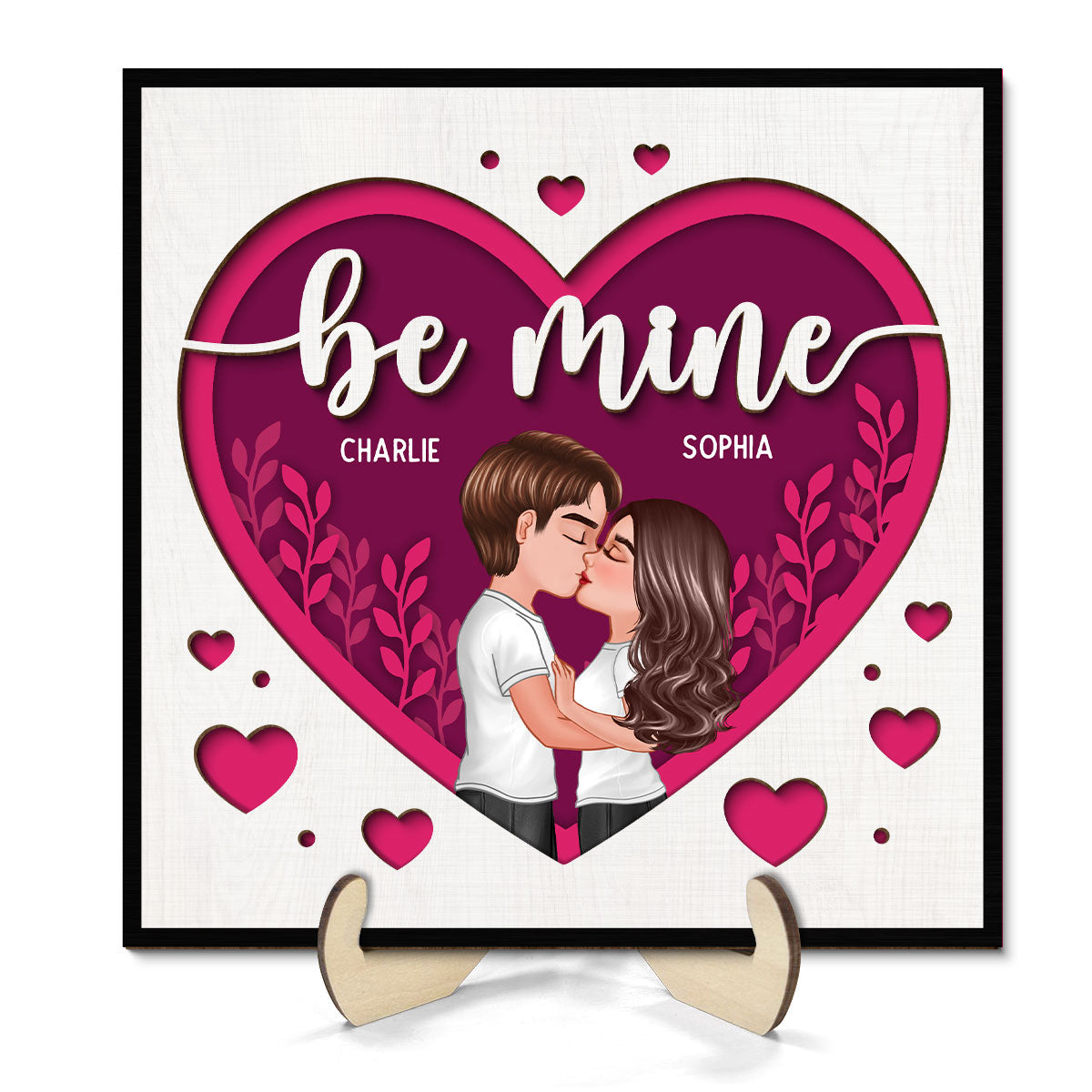Pink Heart Couple Kissing Valentine‘s Day Gift For Him For Her Personalized 2-Layer Wooden Plaque