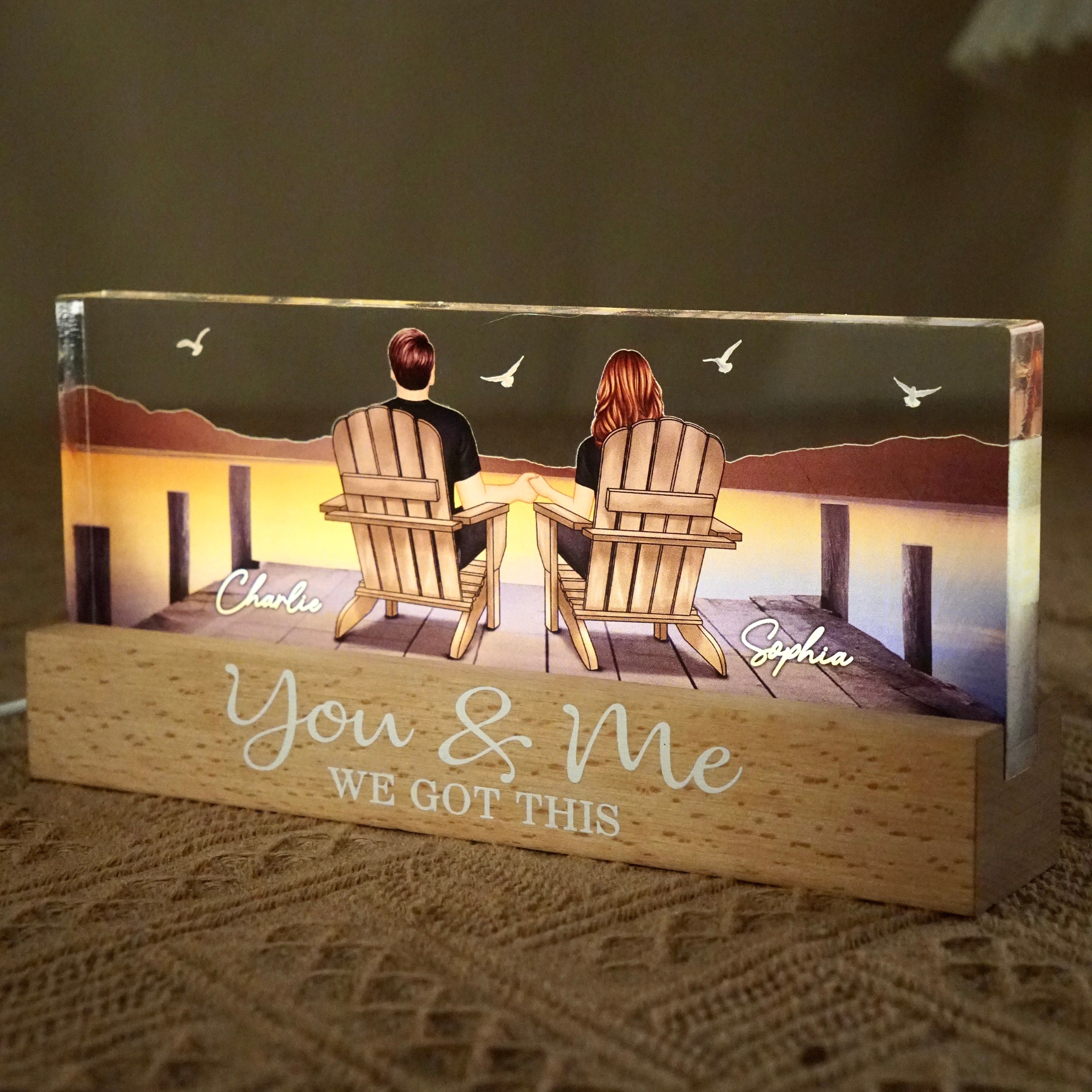 Couple Sitting On The Bridge, Lake Dock Personalized Acrylic Block LED Night Light, Heartfelt 2025 Gift For Couple, For Her, Girlfriend, Wife