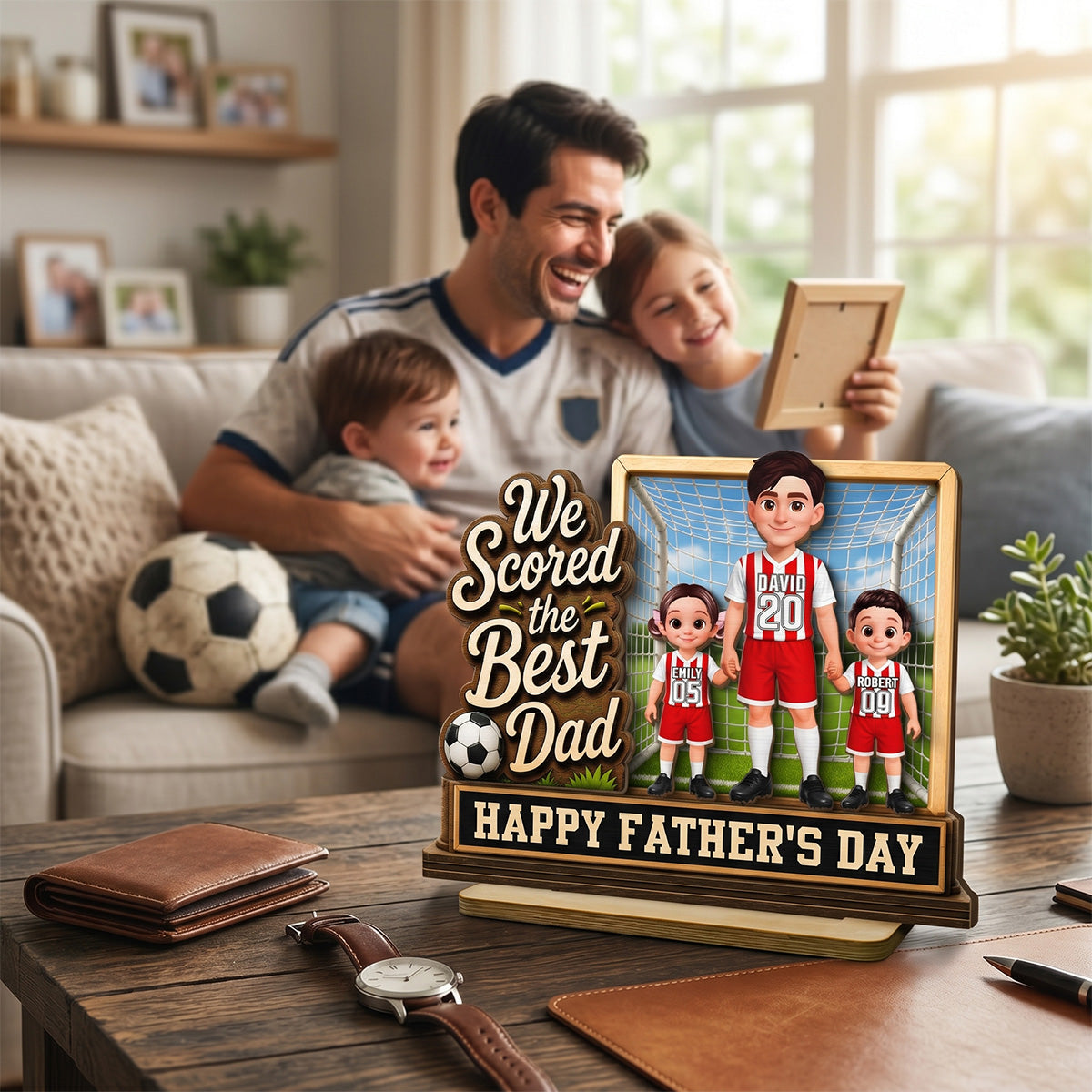 We Scored The Best Dad Dad & Kids In Goal 2D Flat - Personalized 2-Layered Wooden Plaque - Gift For Soccer Dad, UK Football Dad