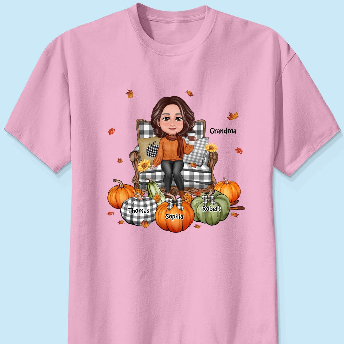 Grandma Sitting On Chair Pumpkins - Personalized Shirt - Gift For Grandma
