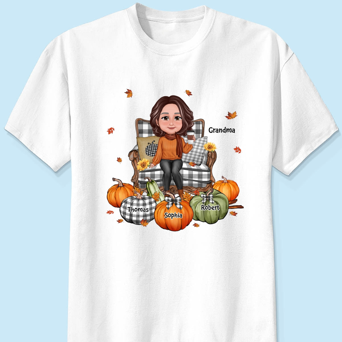 Grandma Sitting On Chair Pumpkins - Personalized Shirt - Gift For Grandma