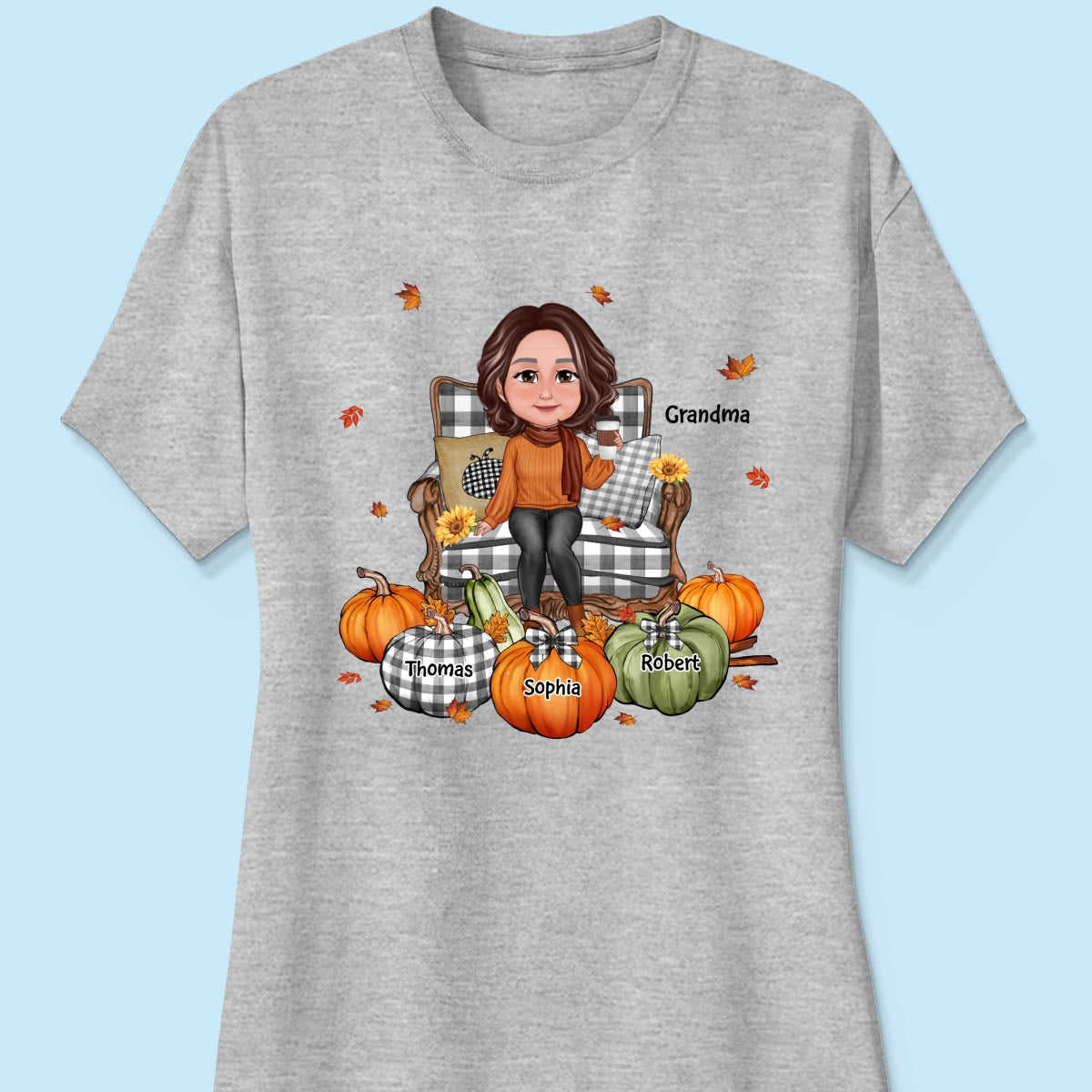 Grandma Sitting On Chair Pumpkins - Personalized Shirt - Gift For Grandma