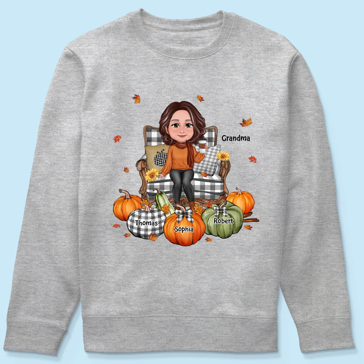 Grandma Sitting On Chair Pumpkins - Personalized Shirt - Gift For Grandma