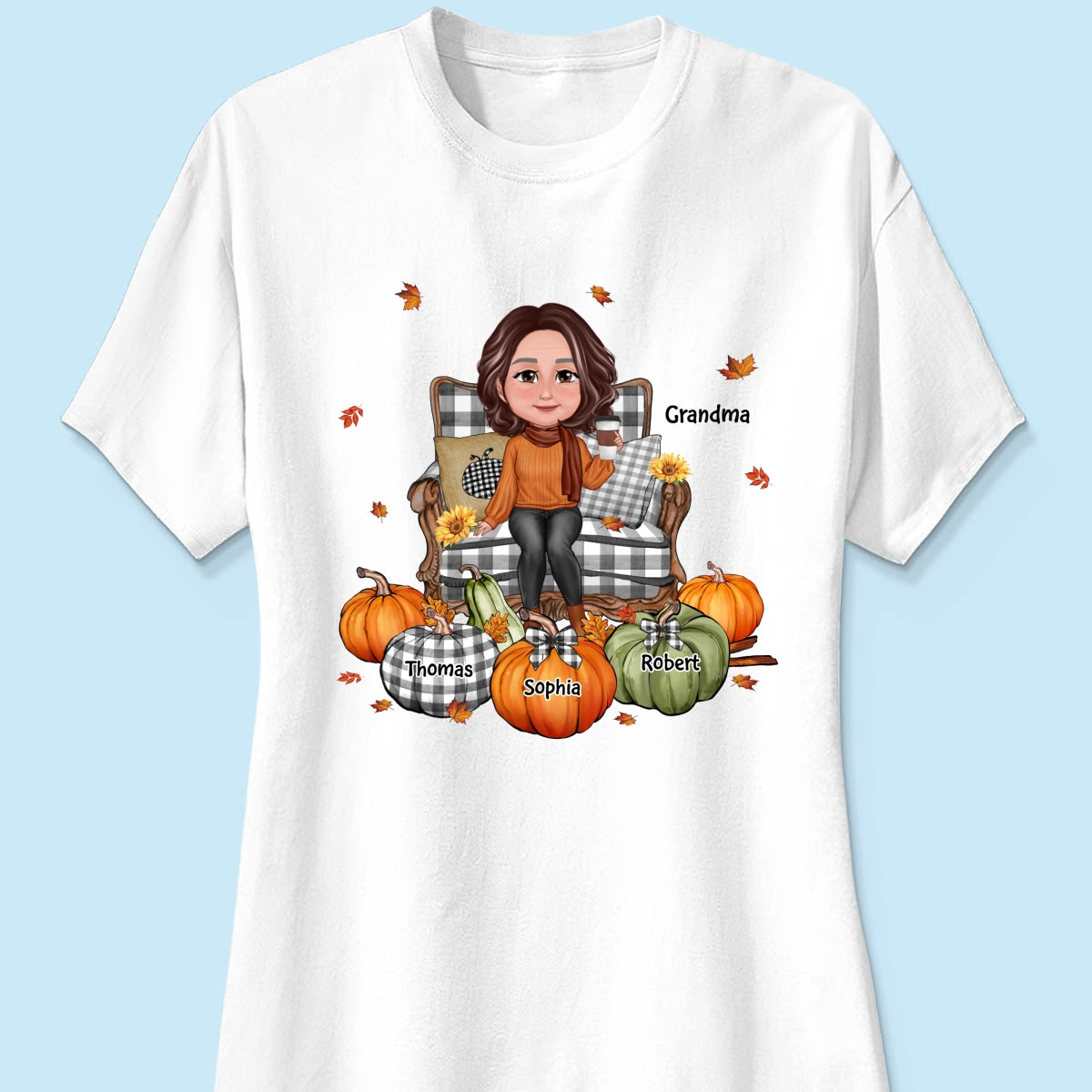 Grandma Sitting On Chair Pumpkins - Personalized Shirt - Gift For Grandma