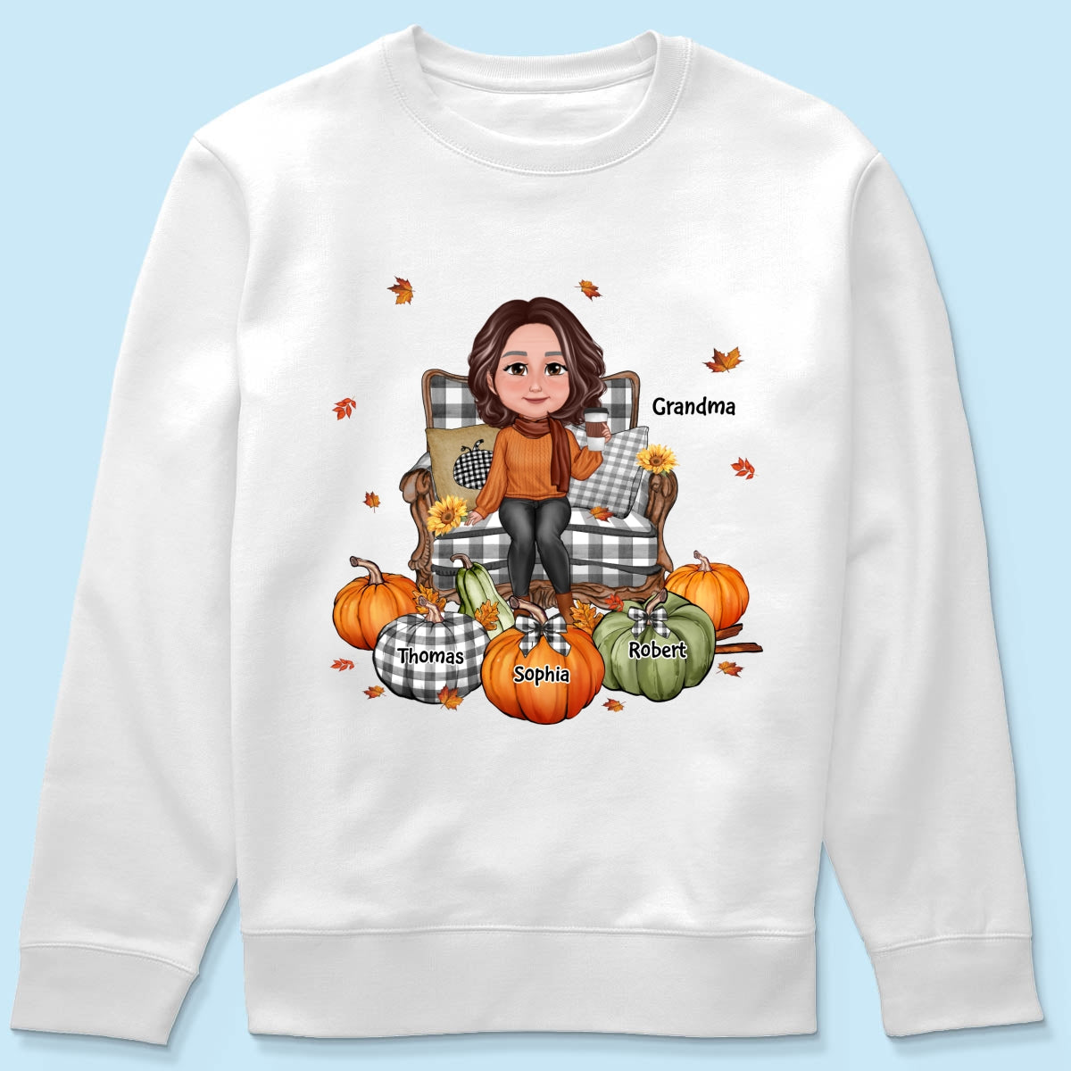 Grandma Sitting On Chair Pumpkins - Personalized Shirt - Gift For Grandma
