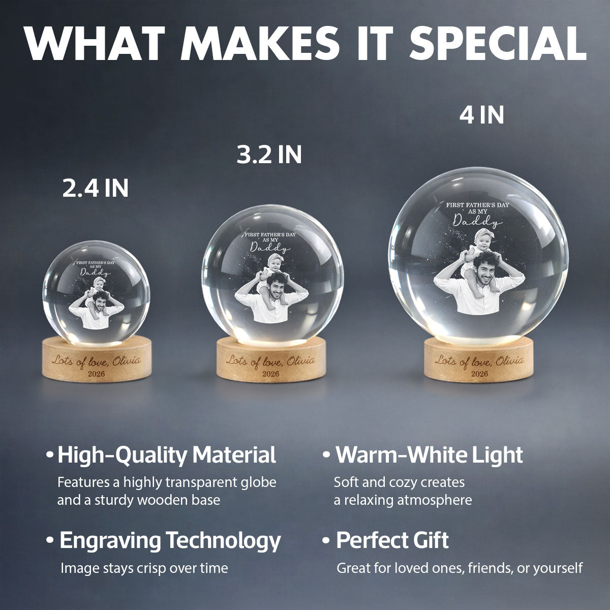 First as My Daddy - Personalized Crystal Ball LED Night Light - Gift for Dad