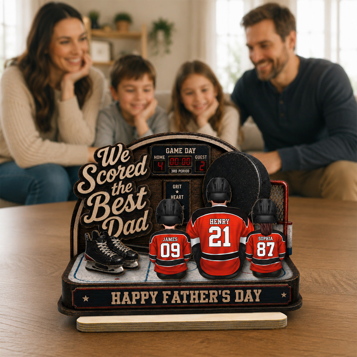 Hockey Dad & Kids Sitting On Court 2D Flat - Personalized 2-Layered Wooden Plaque - Gift For Hockey Dad