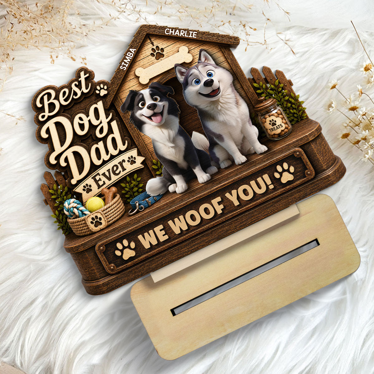 Best Dog Dad Ever Cute Dogs 2D Flat - Personalized 2-Layered Wooden Plaque - Gift For Dog Dad
