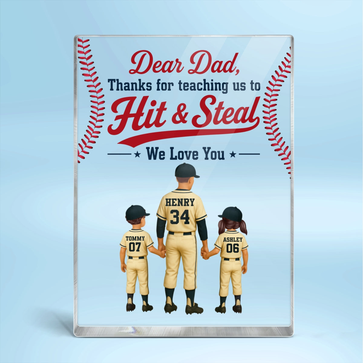 Thank You For Teaching Us To Hit & Steal Baseball Dad & Kids - Personalized Acrylic Block Plaque - Gift For Dad, Husband