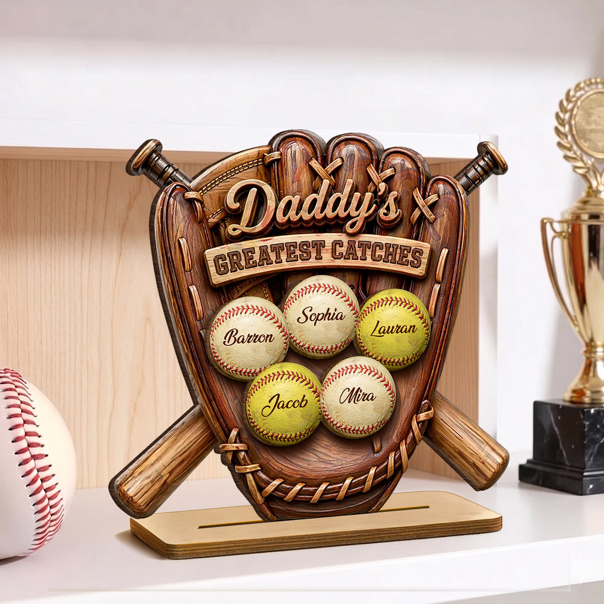 Daddy's Greatest Catches Baseball Softball - Personalized 2-Layered Wooden Plaque - Gift for Husband, Dad