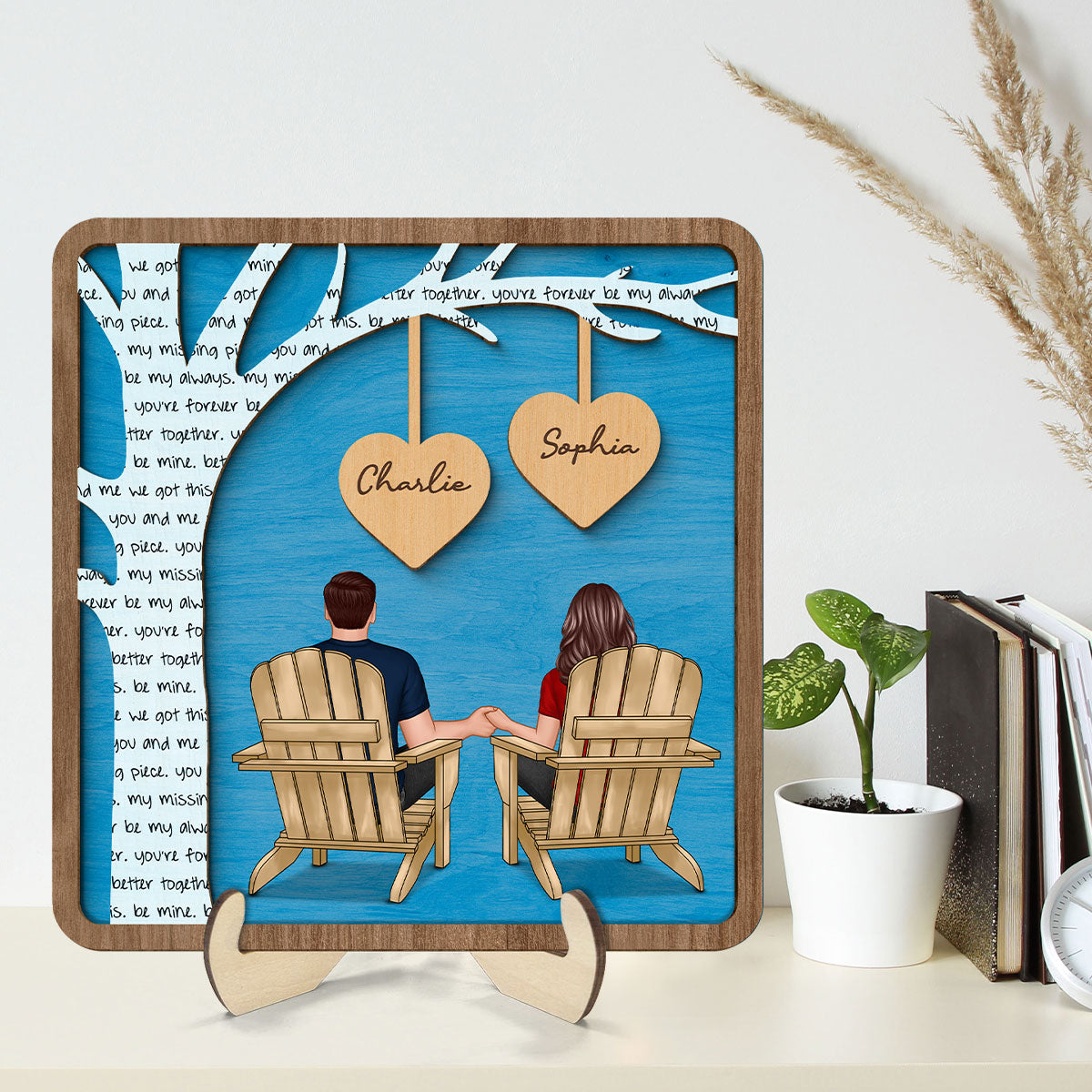 Couple Sitting Back View Under Text Tree Personalized 2-layer Wooden Plaque, Gift For Him, For Her