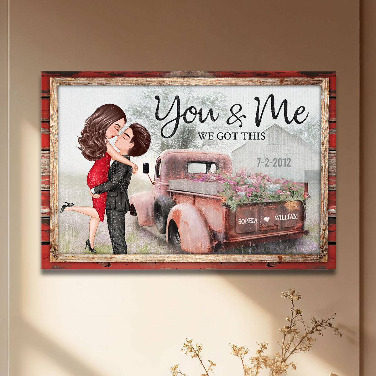 Red Vintage Truck Farmhouse Couple Hugging Kissing Personalized Canvas Print, Anniversary Gift For Him, For Her