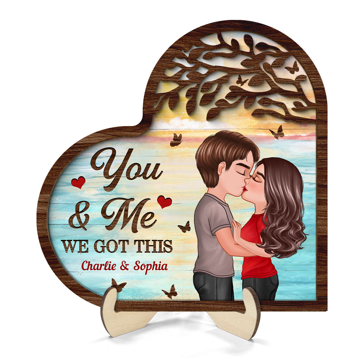 Couple Kissing Under Tree Heart Shaped Gift For Him For Her Personalized 2-Layer Wooden Plaque