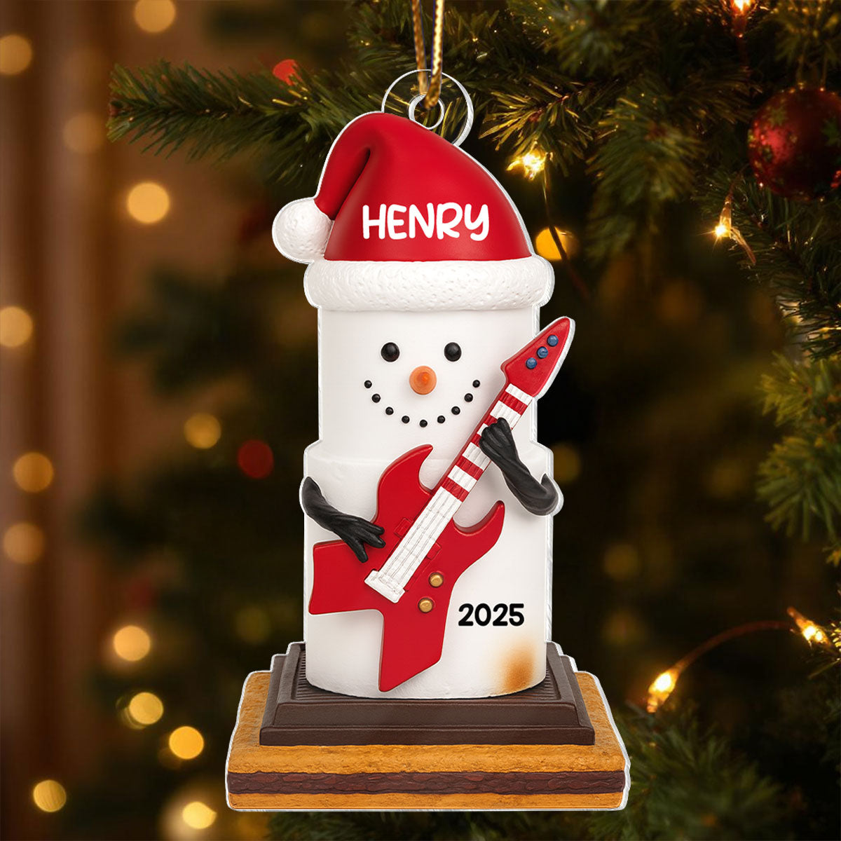 Snow Man Playing Guitar On Chocolate and Cracker - Personalized Acrylic Ornament- Gift for Guitar Lovers