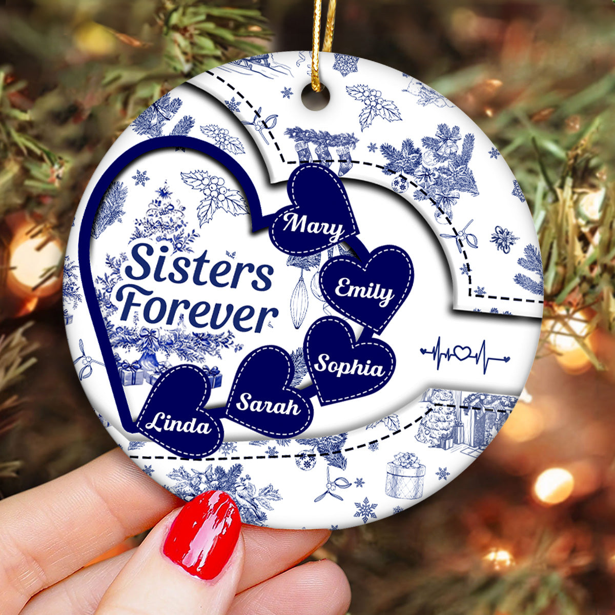 Sisters With Hearts Toile De Jouy Style Personalized Circle Ornament
