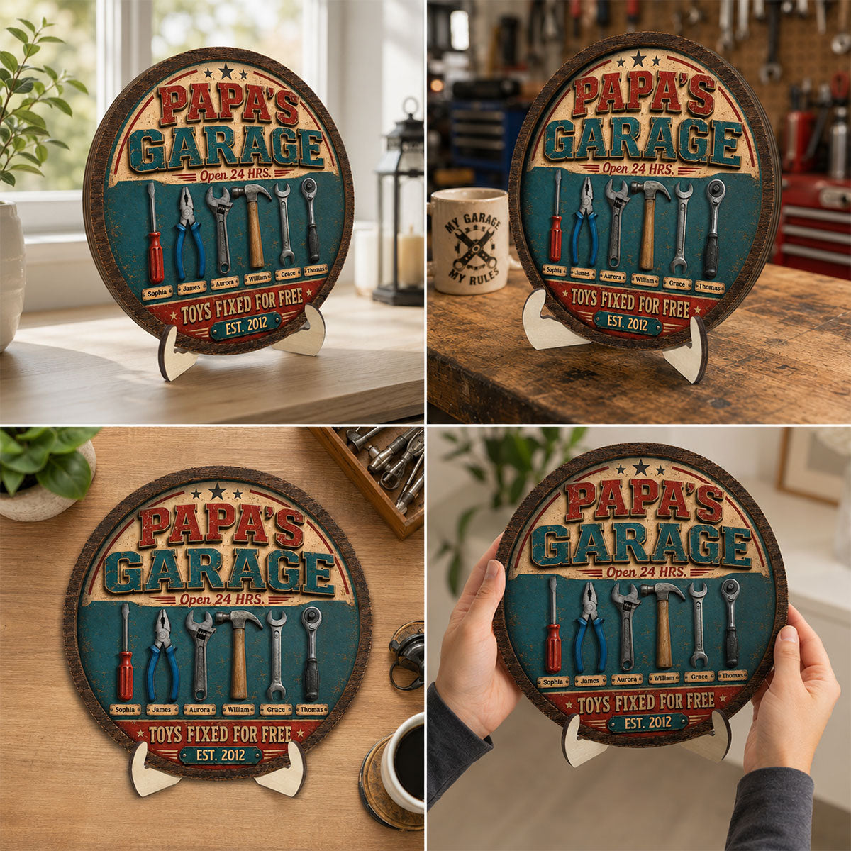 Papa Dad's Garage Toys Fixed For Free Custom Kid Name 2D Flat - Personalized 2-Layered Wooden Plaque - Gift For Mechanic Dad, Grandpa
