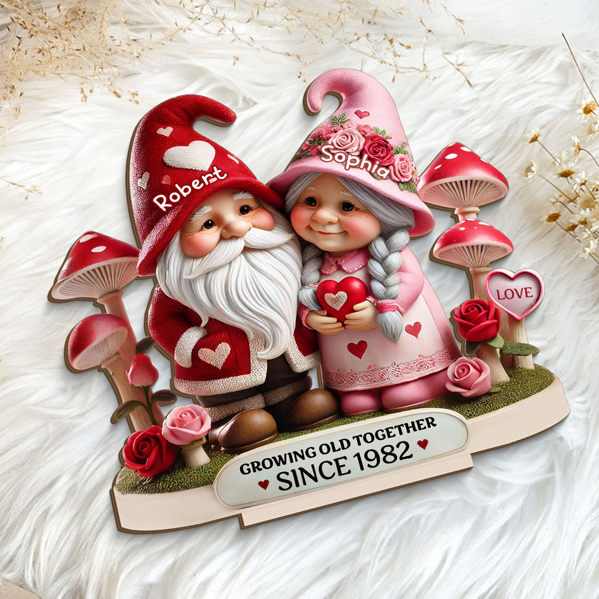 3D Effect Gnome Mushroom Old Couple Personalized Wooden Standing, Heartfelt Anniversary Gift, Gift For Couple, For Him, For Her, Husband, Wife