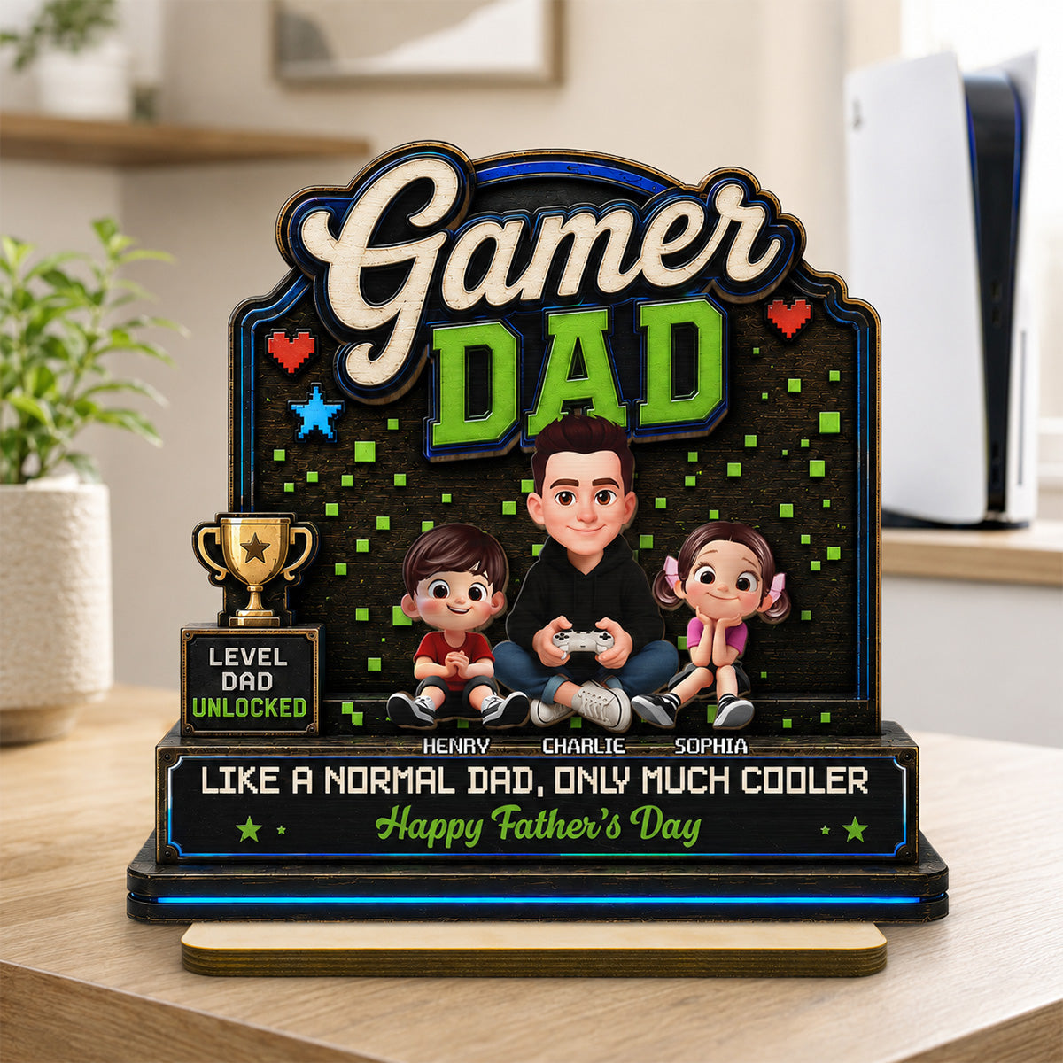 Gamer Dad & Kids - Personalized 2-Layered Wooden Plaque - Gift For Gamer Dad