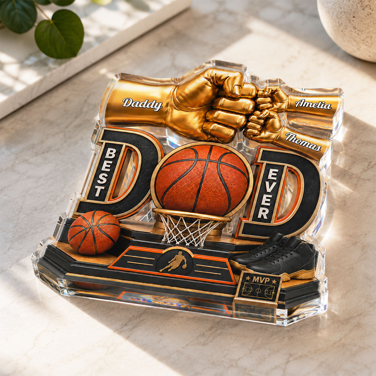 Basketball Dad & Kids Fist Bump - Personalized Acrylic Block Plaque - Gift For Dad, Husband