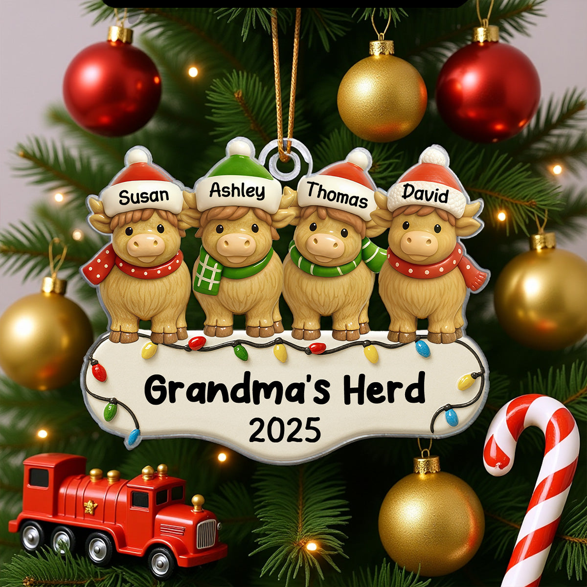 3D Effect Highland Cows Grandma's Herd For Christmas Personalized Acrylic Ornament, Christmas Decor For Grandma